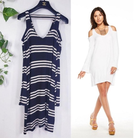 NEW CHASER Dress Black White Mini SMALL V-Neck Cold Shoulder Long Sleeve Stretch - Picture 1 of 9